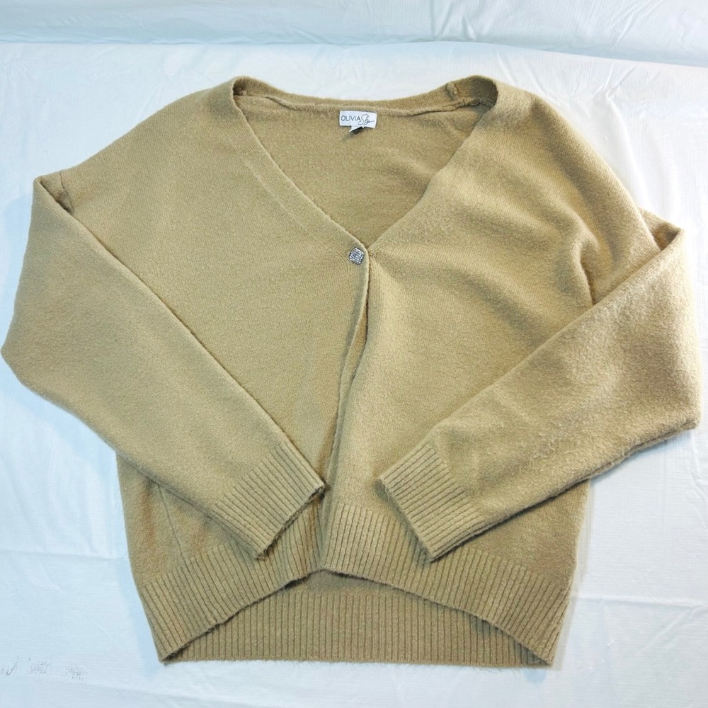 Olivia Sky Womens XL Tan V-Neck Cardigan Rhinestone Button Fuzzy‎ Knit 3230C